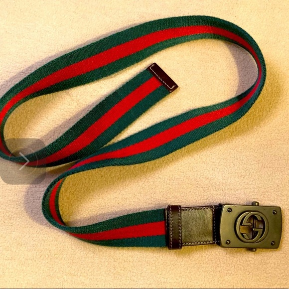 Gucci classic stripe textile belt,red green leather accents, slip bar closure - Picture 6 of 7